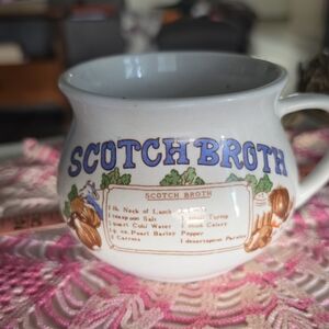 Scotch Broth Ceramic Soup Mug in White with Blue and Brown Accent
